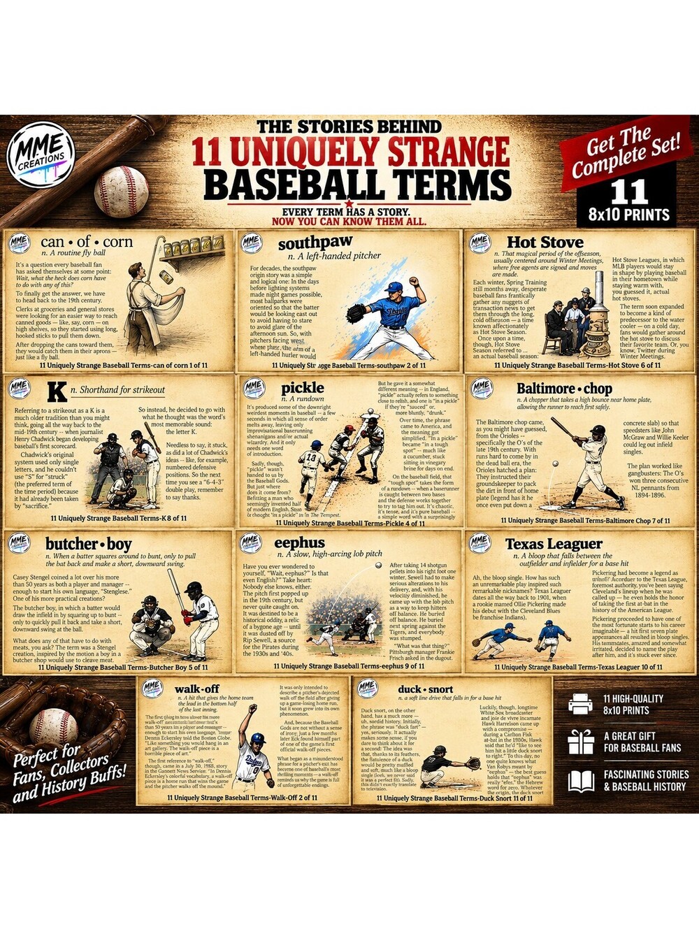 4387 Complete Set Stories of 11 Uniquely Strange Baseball Terms 8x10 Prints